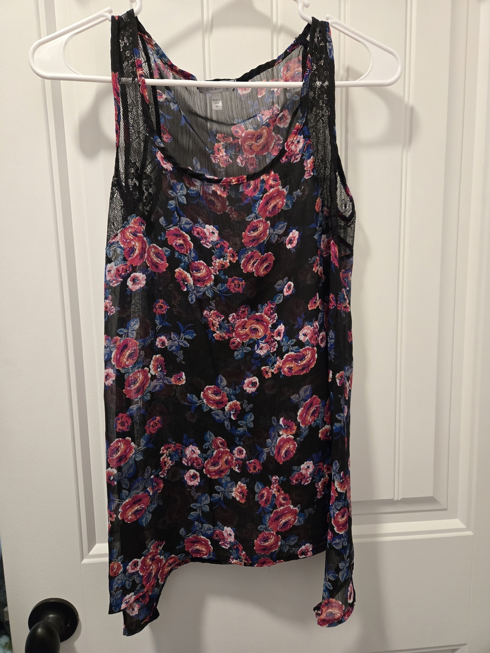 dELiA*s Black Sheer Floral Tank with Pink & Blue Blooms - Picture 2 of 3